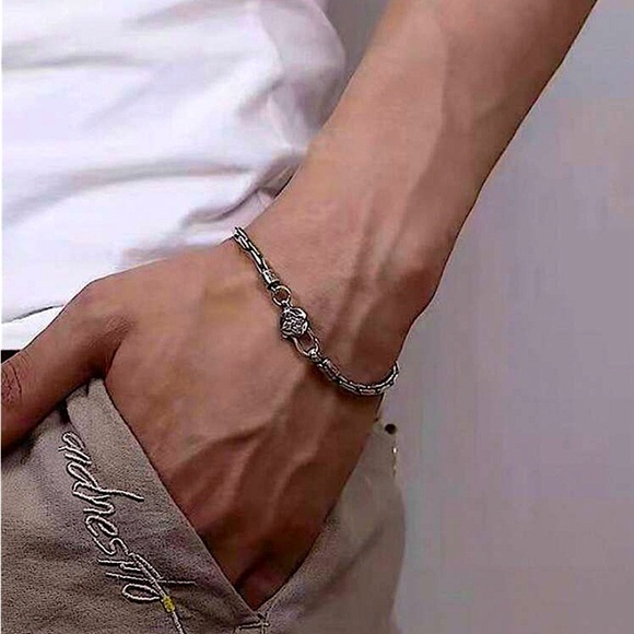 Stainless Steel Chain Link Bracelet, Mantra, Curb Hand Woven Engraved - Picture 4 of 5